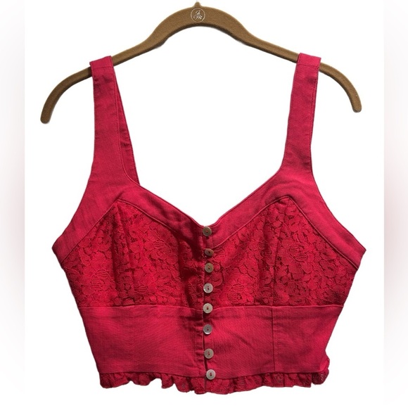 Free People “Here I Go” Button up Brami Crop Top, Cotton blend in hot pink/red - Picture 3 of 8